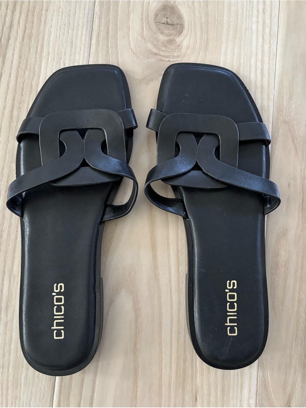 Chico's Black Braided Square-Toe Slide Sandals with Decorative Buckle